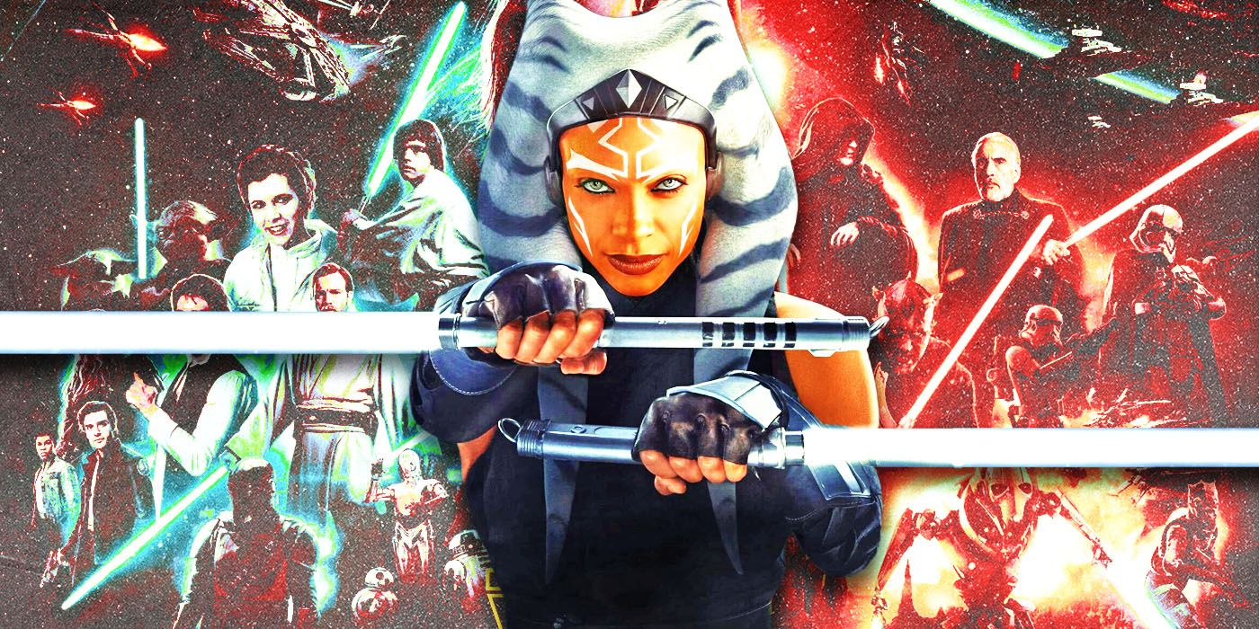Ahsoka Tano holds two lightsabers in front Star Wars posters