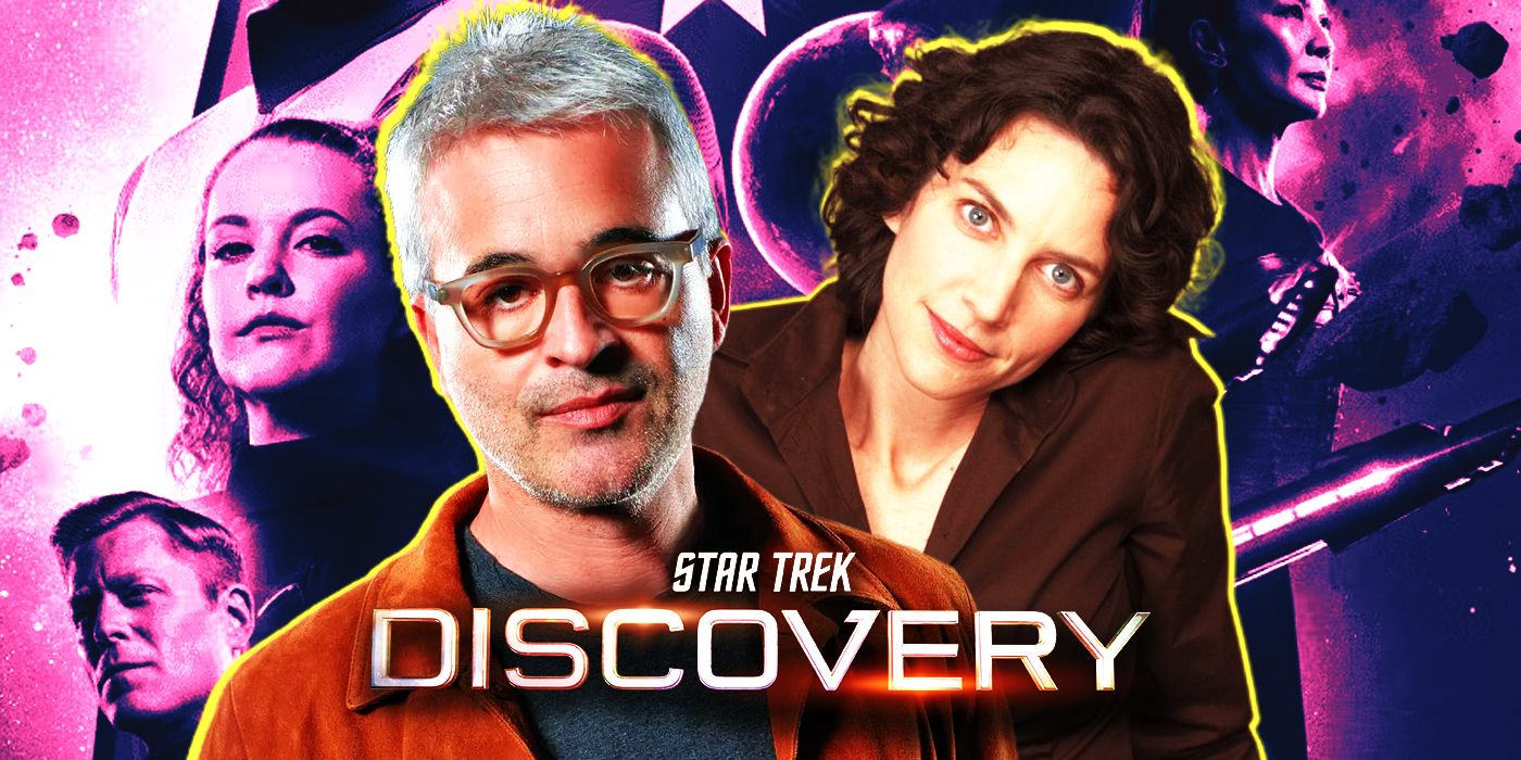 Alex Kurtzman and Michelle Paradise behind purple Star Trek: Discovery logo