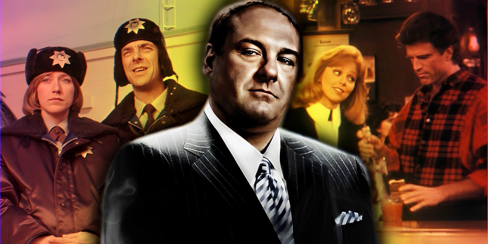 A closeup of Tony Soprano alongside two officers from Fargo and Sam and Diane smiling in Cheers.