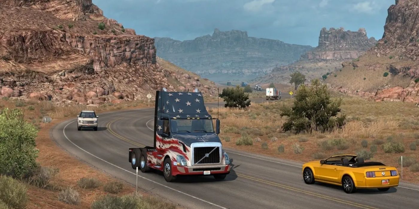 American Truck Simulator gameplay still featuring a truck driving along a road in a canyon environment.
