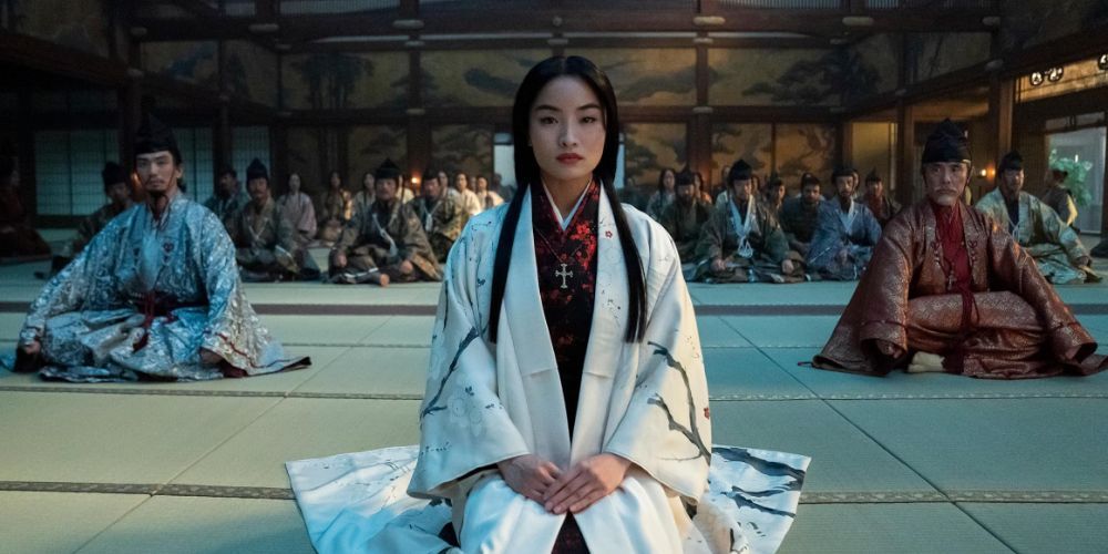 Anna Sawai as Mariko sitting on tatami mats in FX's Shogun Series