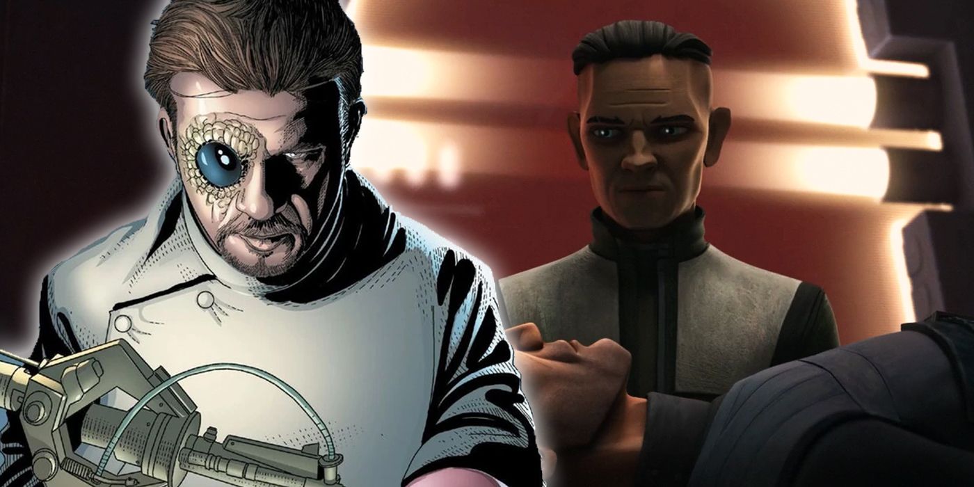 Split image of Dr. Cylo from Darth Vader comics with Bad Batch's Doctor Hemlock