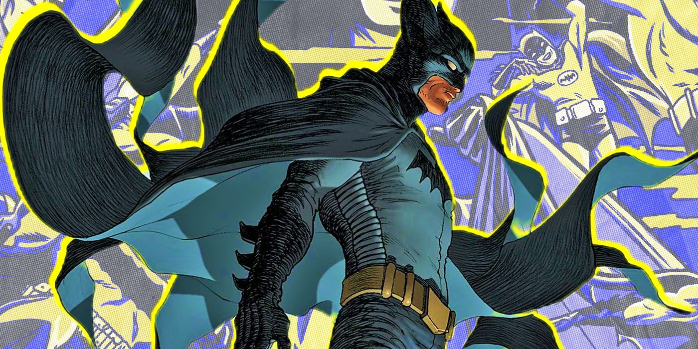 Batman unfurls his cape against a backdrop of previous Batmen in Batman: Dark Age 