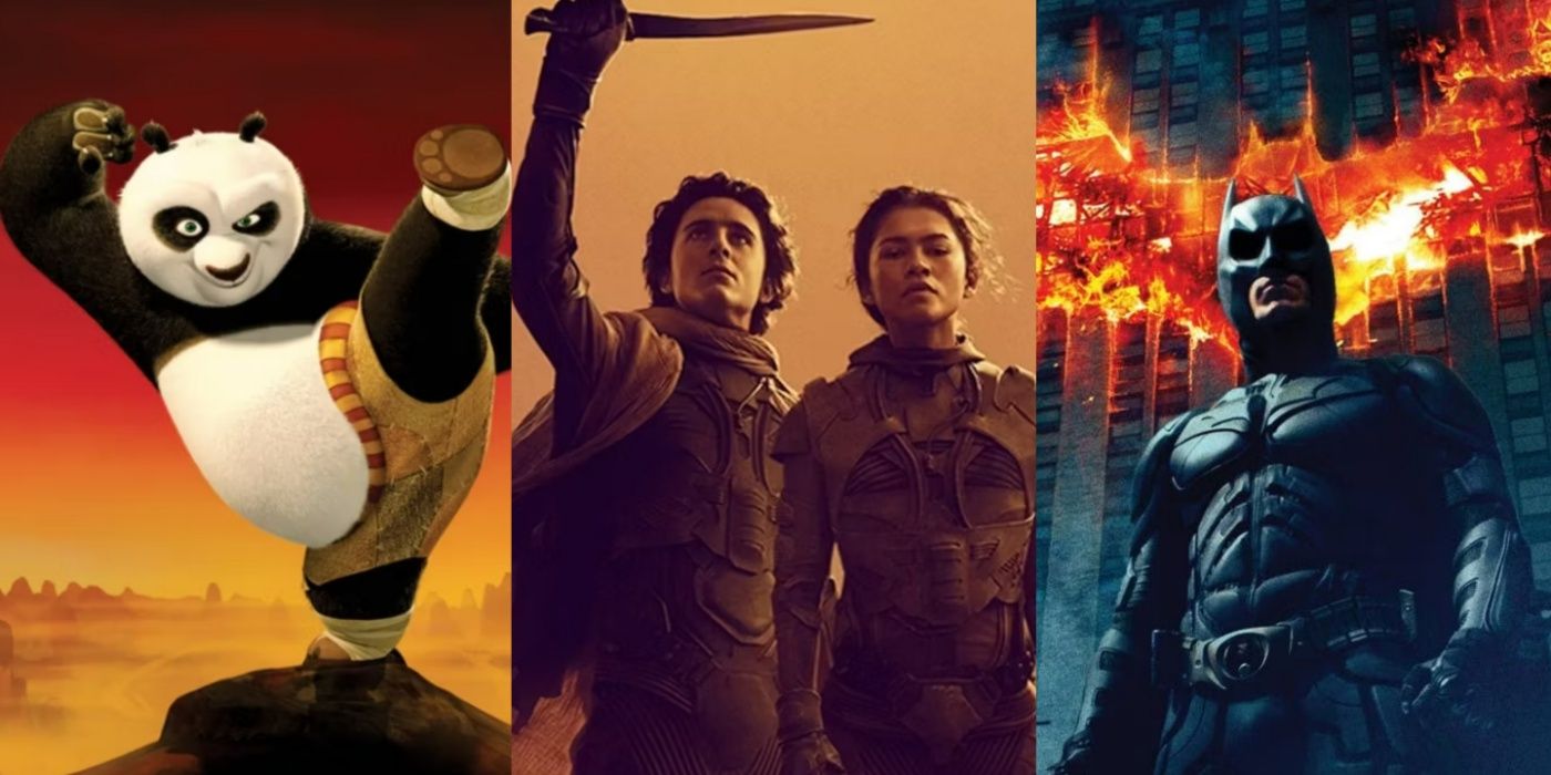 A split image of Kung Fu Panda, Dune: Part Two, and The Dark Knight