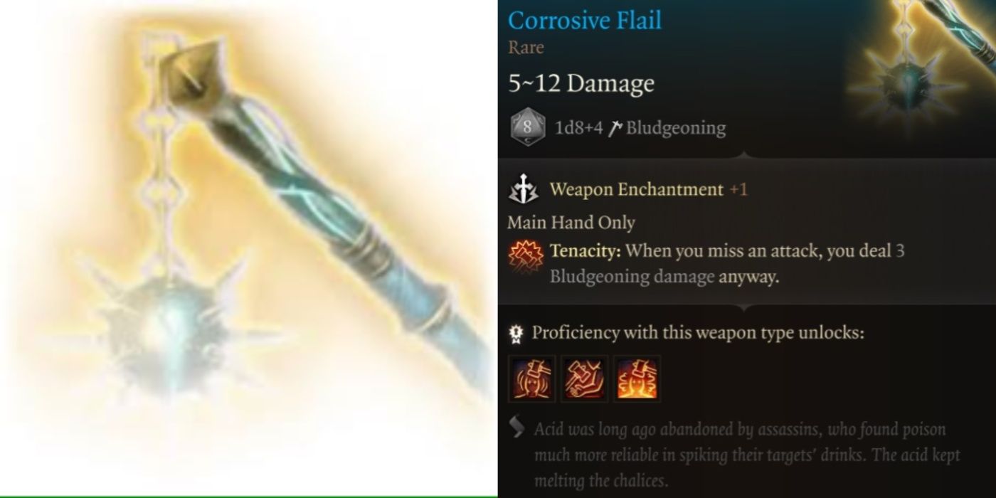 Imagem dividida do ícone Corrosive Flail em Baldur's Gate 3 e no menu.