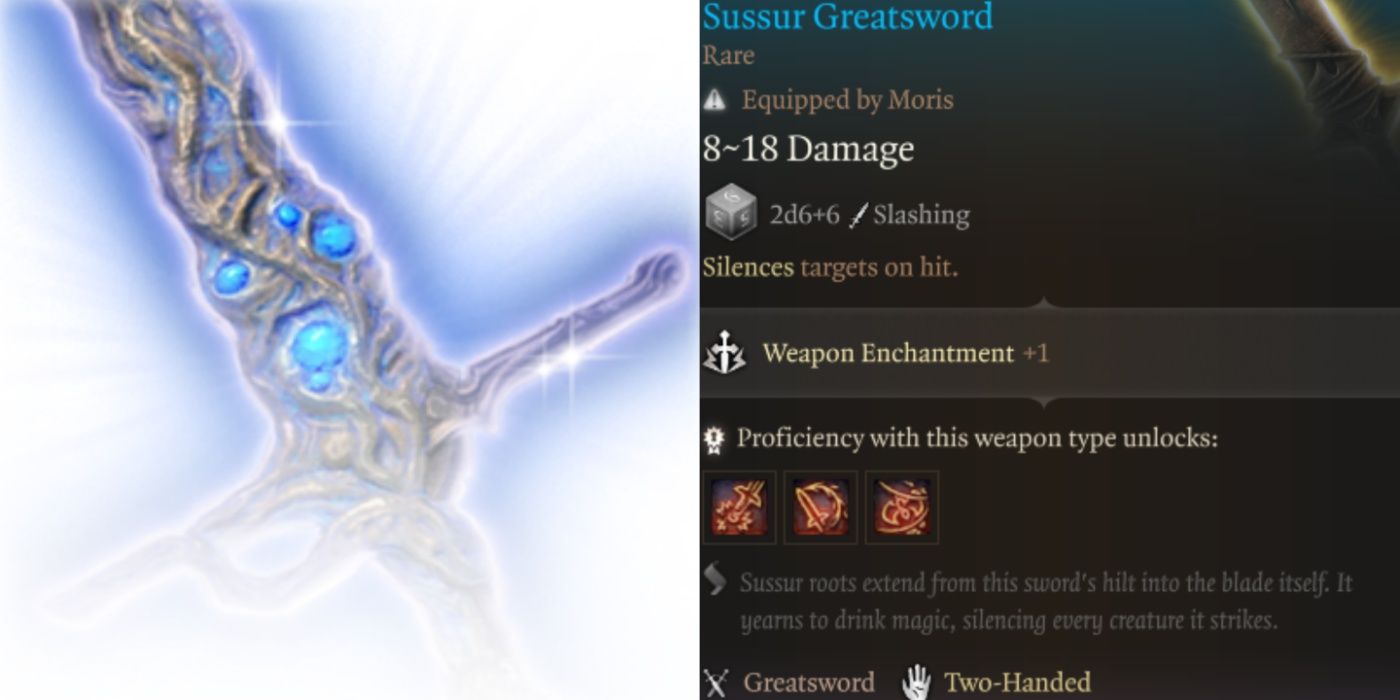 Imagem dividida do ícone Sussur Greatsword em Baldur's Gate 3 e no menu.
