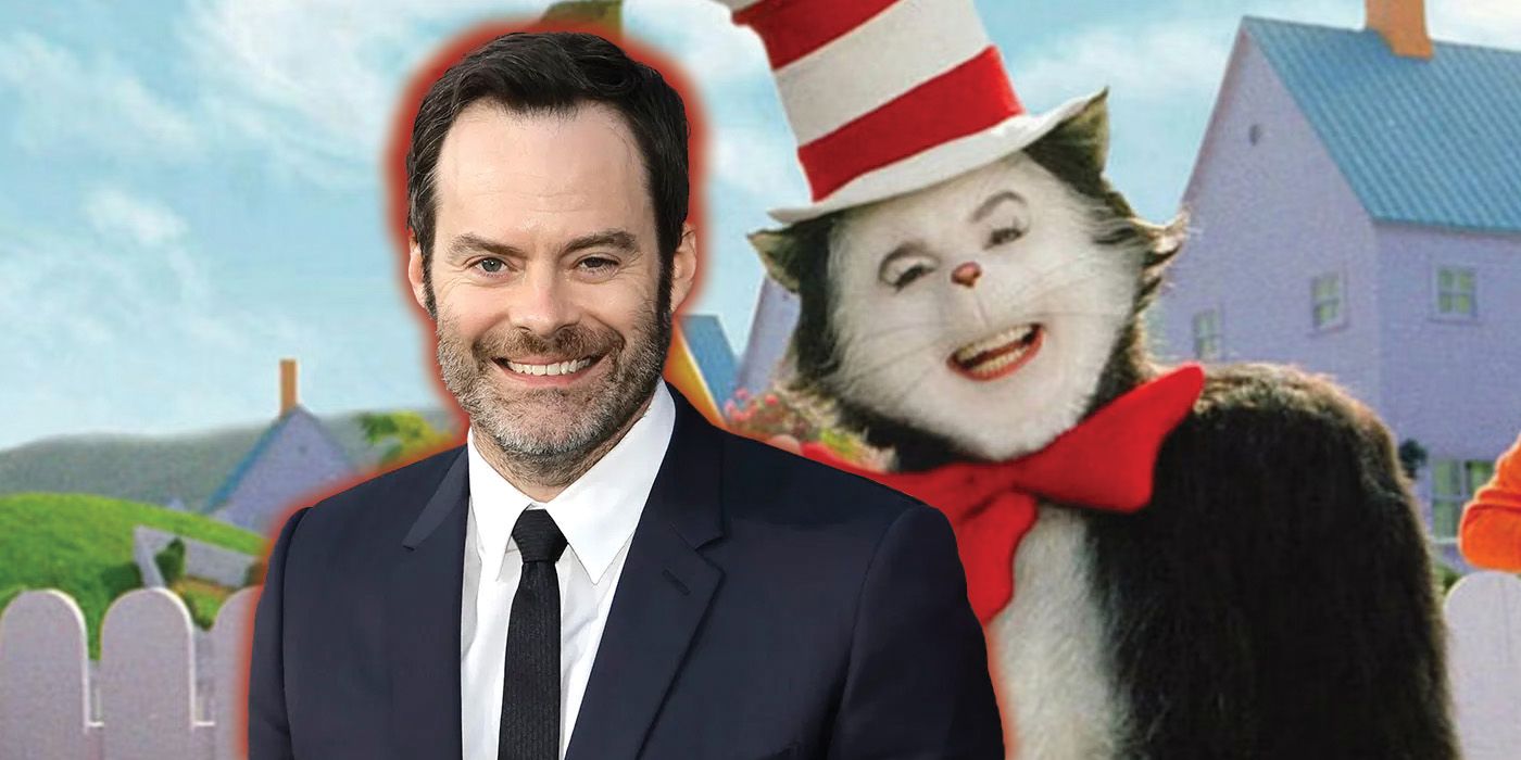 A composite image featuring Bill Hader and Mike Myers' Cat in the Hat.