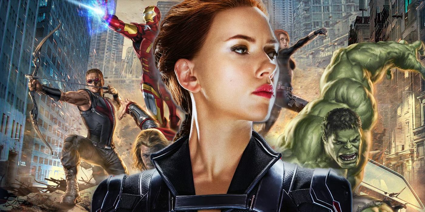 Scarlett Johansson's Black Widow in front of the Avengers lineup