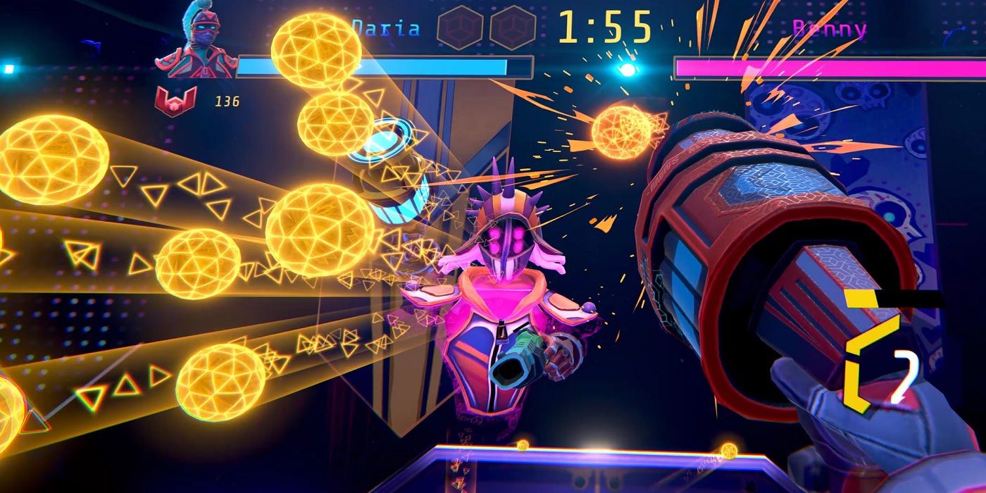 Player fighting a boss while avoiding bullets in Blaston VR.