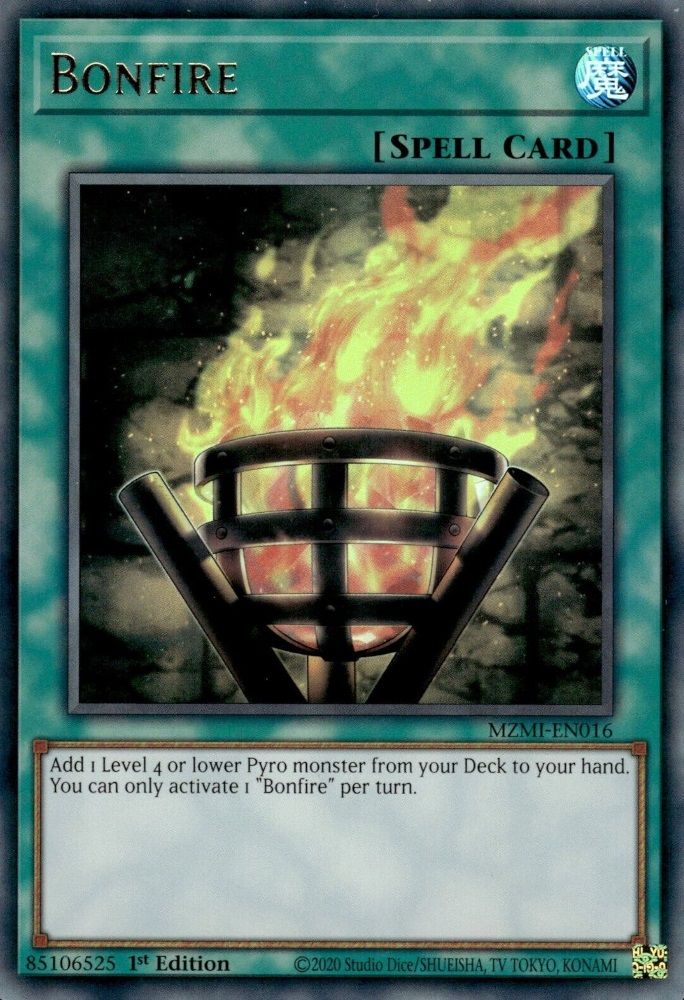 The Yu-Gi-Oh magic card Bonfire, showing a bronze bonfire lit in the darkness.