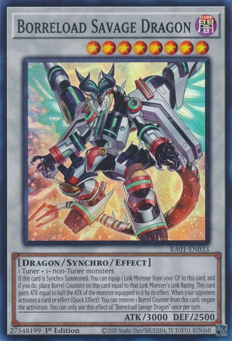 Yu-Gi-Oh! synchro monster Borreload Savage Dragon wielding all its weapons.