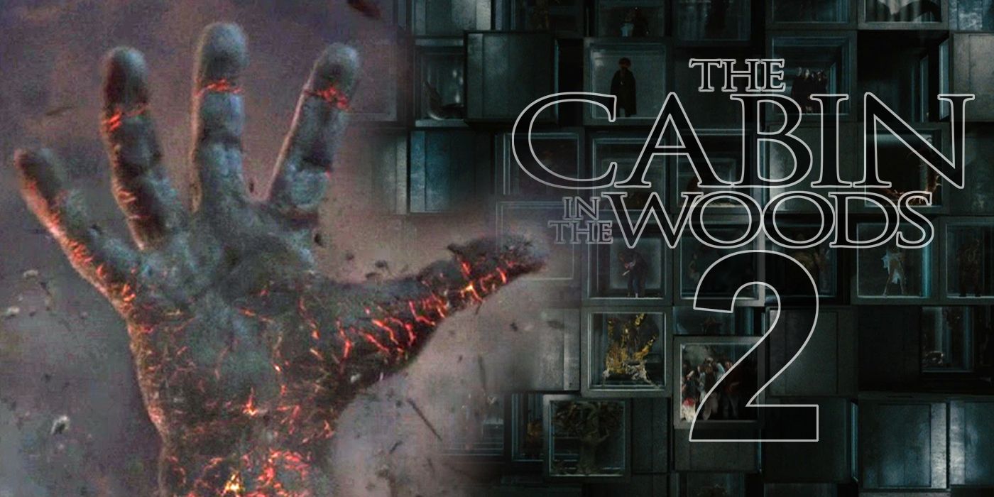 The eldritch hand from Cabin in the Woods with the monster cages and a sequel logo in the background