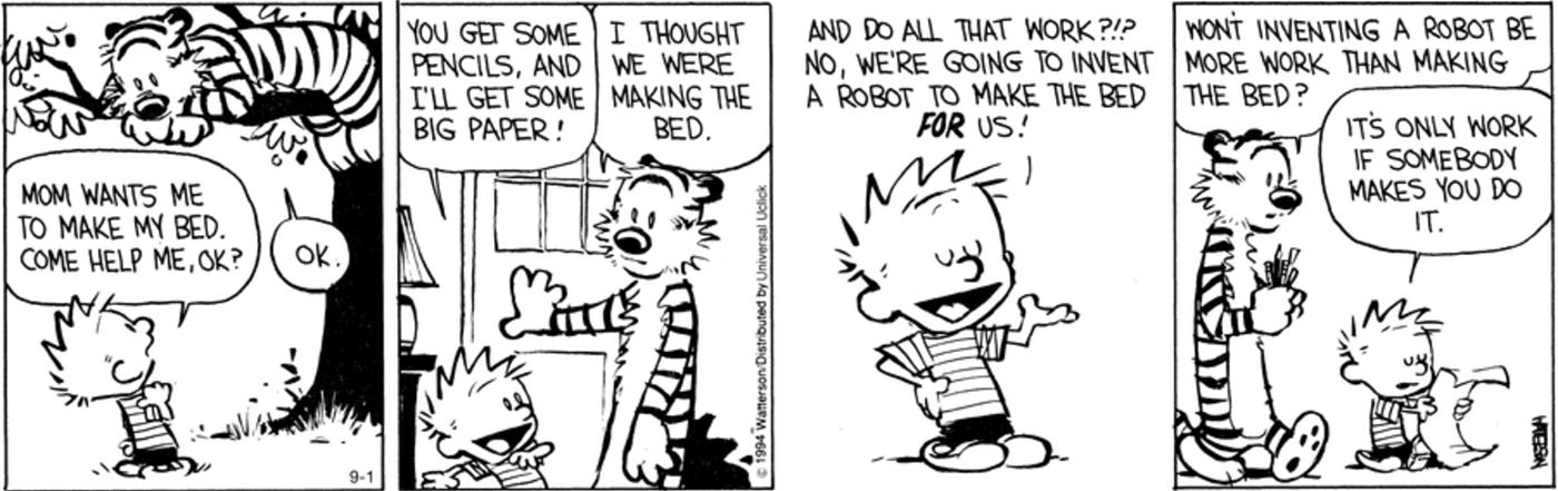 Calvin e Hobbes discutem planos para fazer um robô para fazer camas