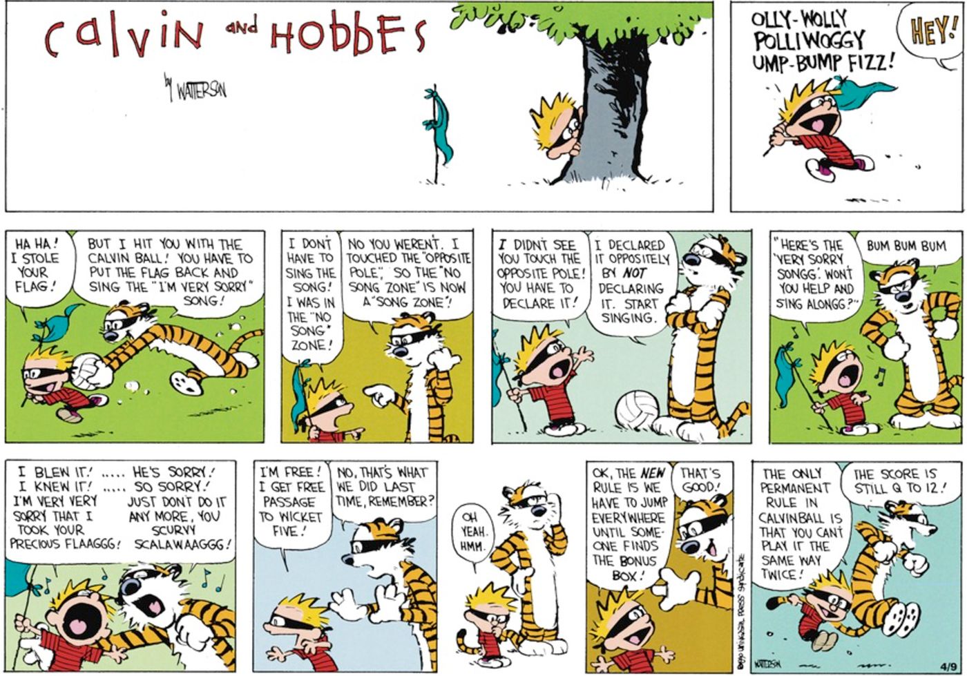 Calvin e Hobbes jogando uma partida de Calvinball