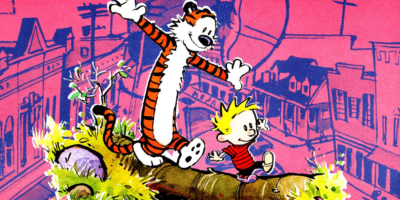 A custom collage of Calvin and Hobbes walking across a log with their town in the background