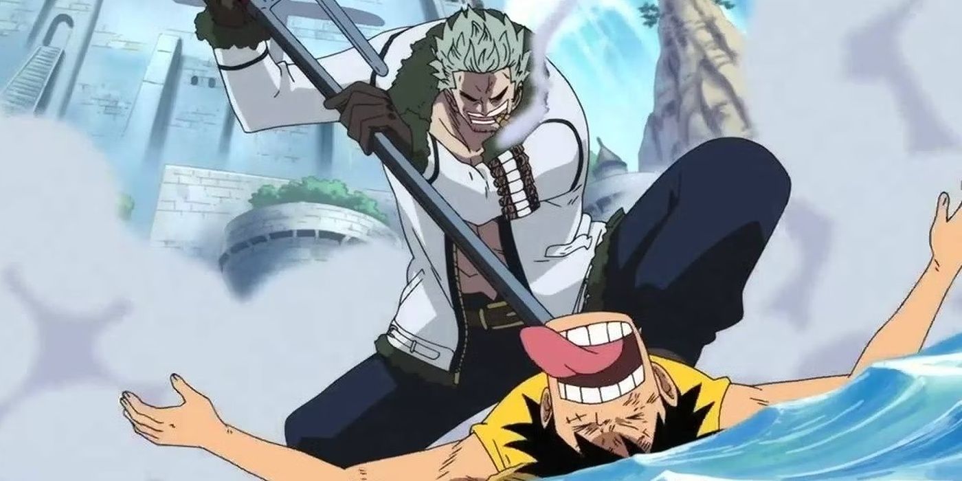 Captain Smoker attacks Luffy with his sea prism staff