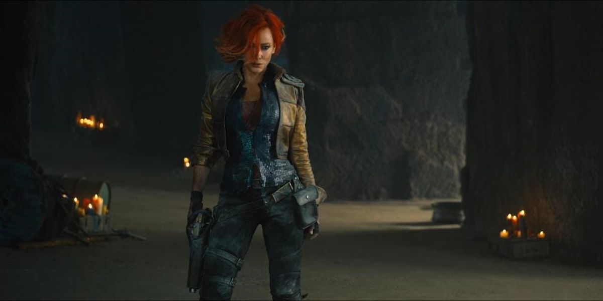 Cate Blanchett as Lilith looking angry with her hair covering her face in the Borderlands movie