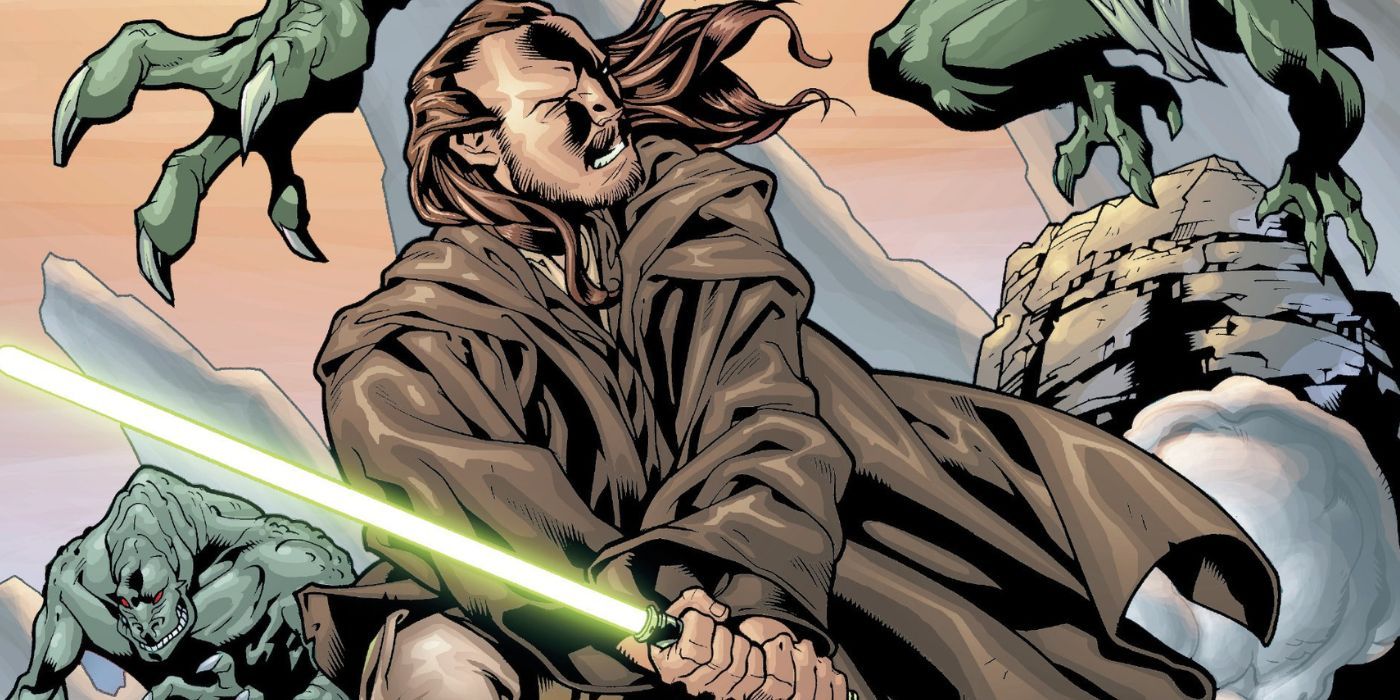 Qui-Gon Jinn segura o sabre de luz verde em quadrinhos de Guerra nas Estrelas