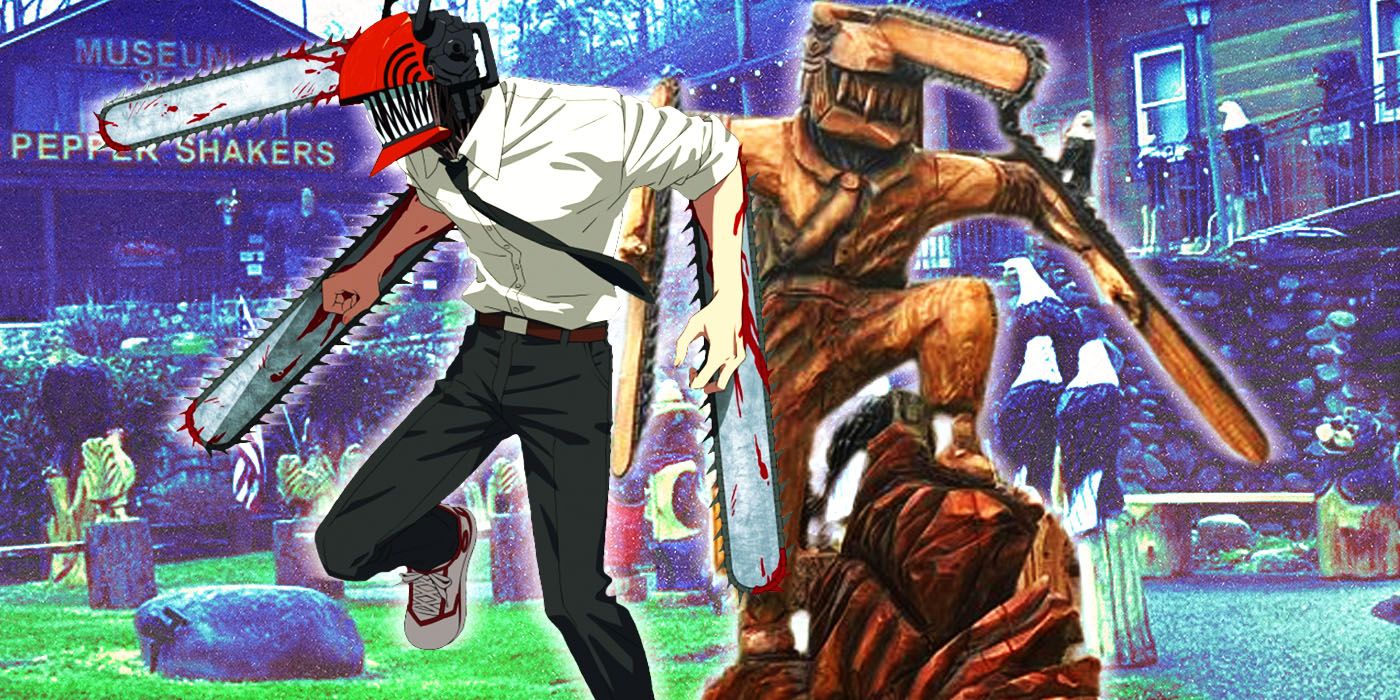 Chainsawman wooden sculpture featuring Denji next to his anime counterpart