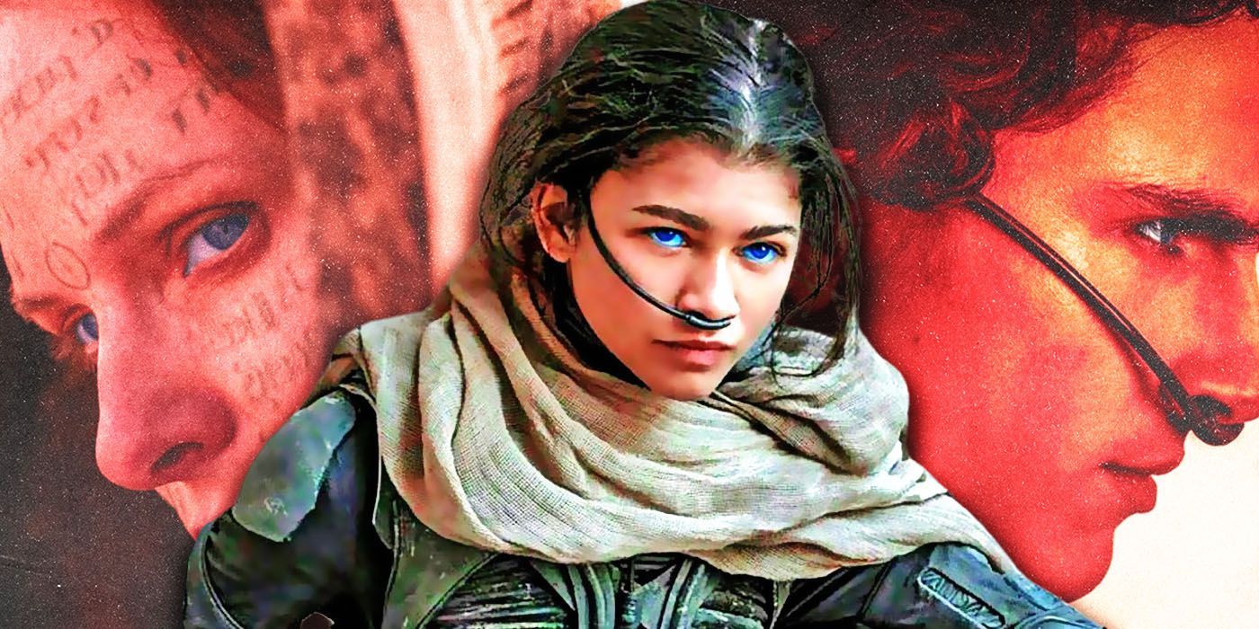 Zendaya as Chani in front of images of Lady Jessica and Paul Atreides from Dune: Part Two.