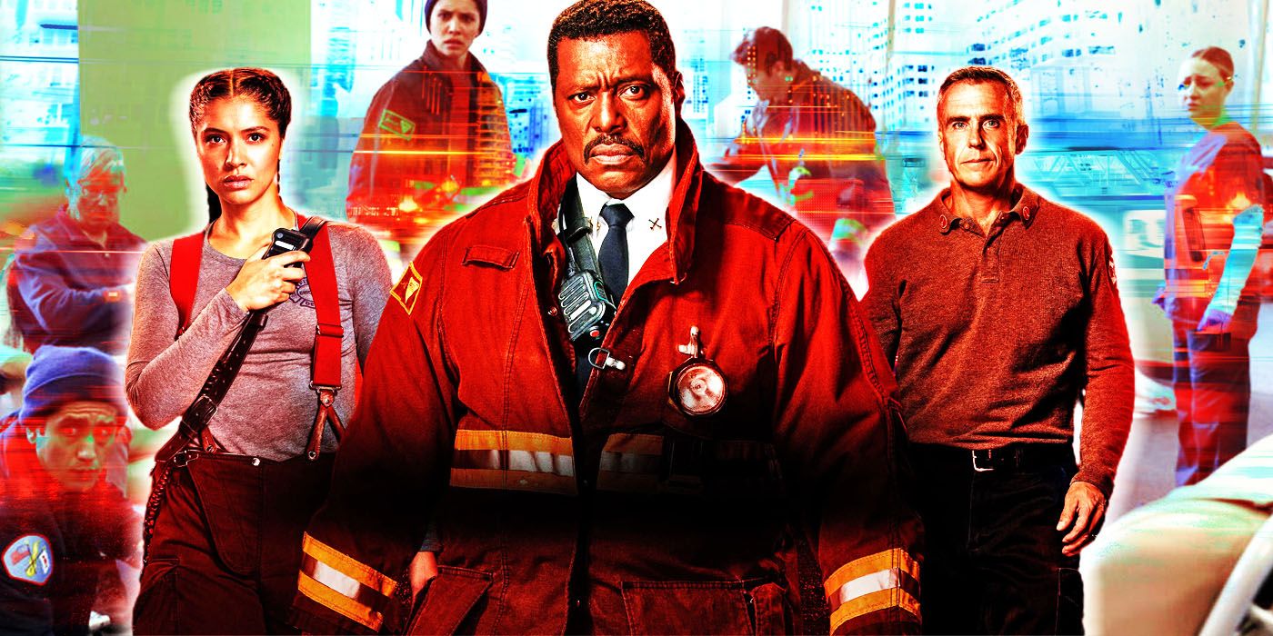 Chief Wallace Boden, Stella Kidd and Christopher Herrmann stand in front of Chicago Fire cast