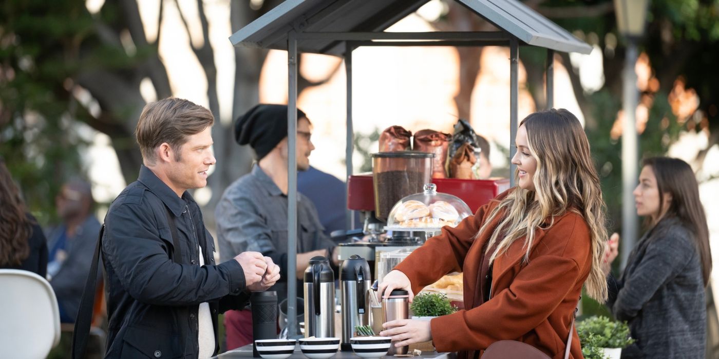 Chris Carmack as Atticus _Link_ Lincoln and Camilla Luddington as Jo Wilson get coffee at a coffee cart on Grey's Anatomy