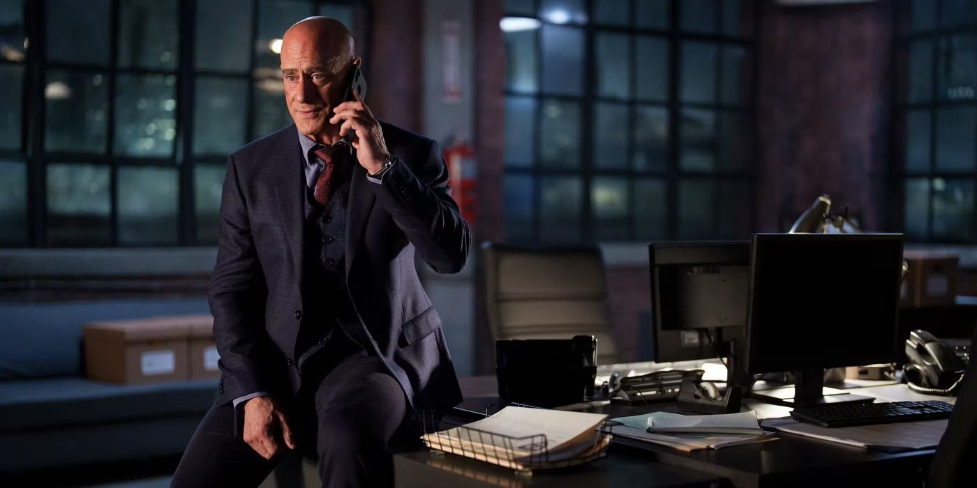 Christopher Meloni as Elliot Stabler talks on his cell phone in the squad room on Law & Order_ Organized Crime