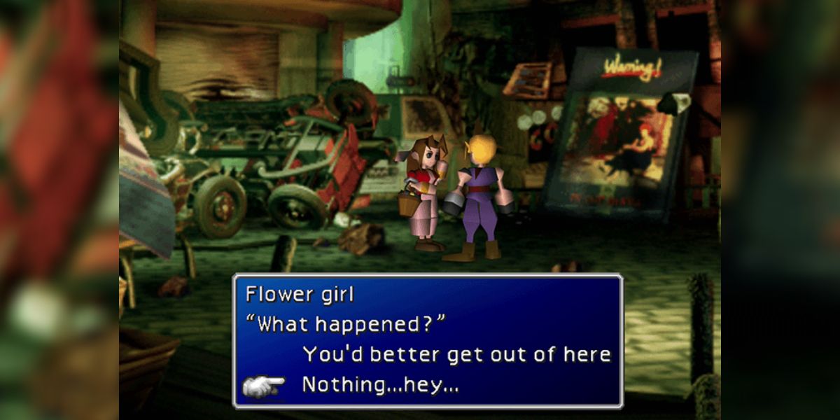 Cloud meets Aerith in Sector 8 of Midgar in the original Final Fantasy VII