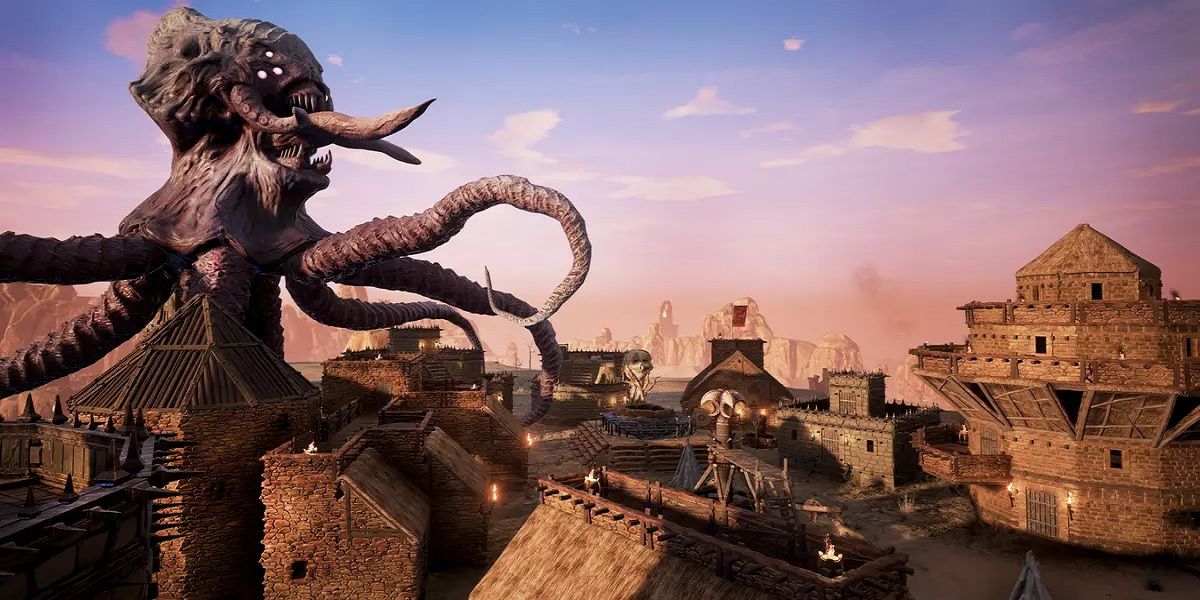 Um monstro gigante elevando-se sobre uma vila em Conan Exiles.