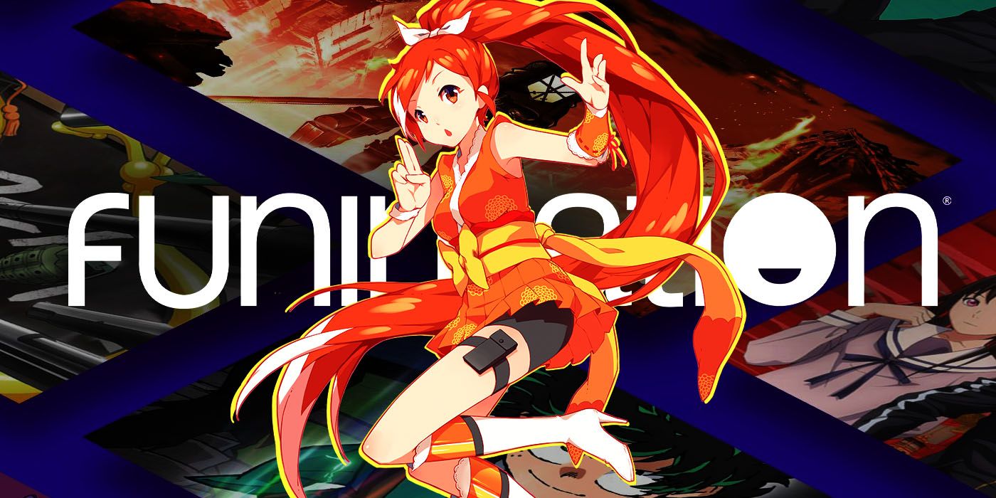 Crunchyroll's mascot Hime and the Funimation logo overlaying various anime panels