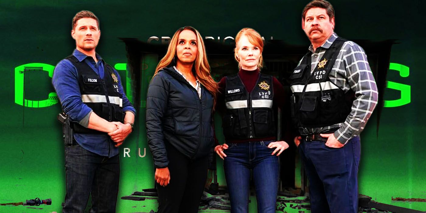 CSI: Vegas cast members stand in CSI gear in front of the show's logo