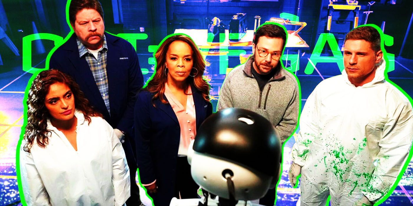 The CSI: Vegas cast stand around a robot in front of the CBS show's logo