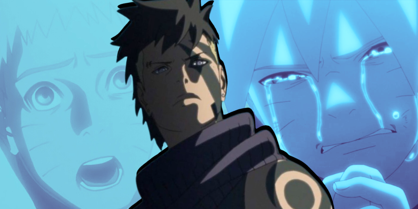 Custom image of a shocked adult Naruto, a serious Kawaki, and a crying Boruto