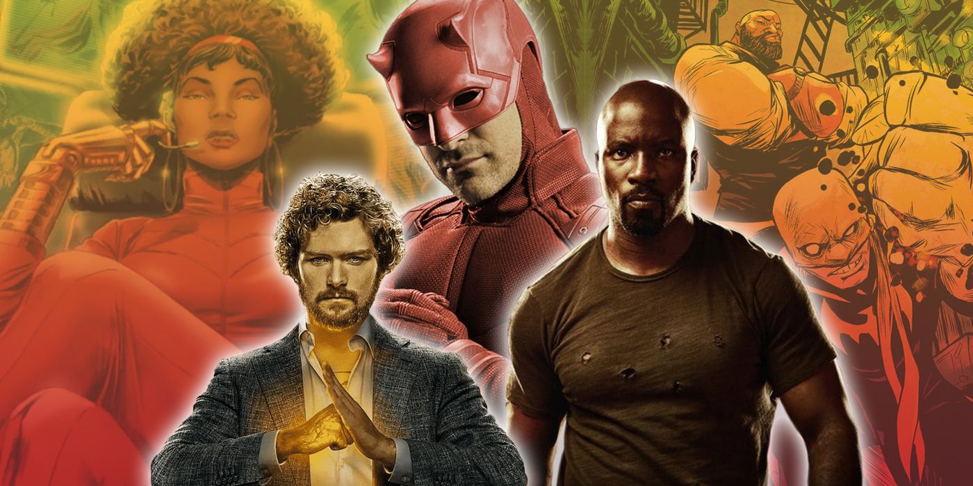 Netflix's Daredevil, Luke Cage and Iron Fist with comic versions of the Heroes for Hire in the background