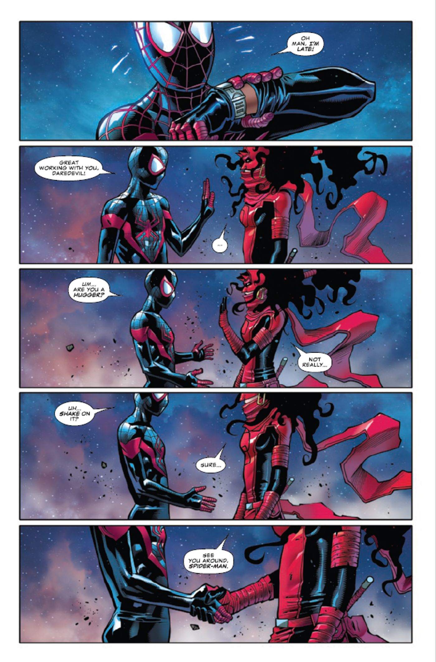 Miles Morales e Elektra descobrindo como mostrar respeito mútuo após uma batalha