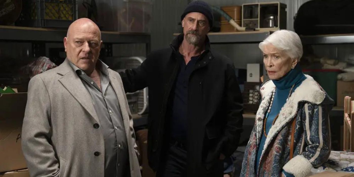 Dean Norris as Randall Stabler stands with Christopher Meloni as Elliot Stabler and Ellen Burstyn as Bernie Stabler in a storage unit on Law & Order_ Organized Crime