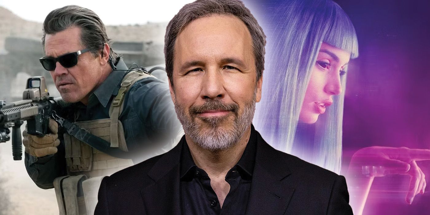 A composite image featuring director Denis Villeneuve and images from two of his movies: Sicario and Blade Runner 2049.