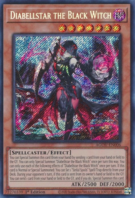 Yu-Gi-Oh monster card Diabellstar The Black Witch with her arm outstretched charging energy in her hand.