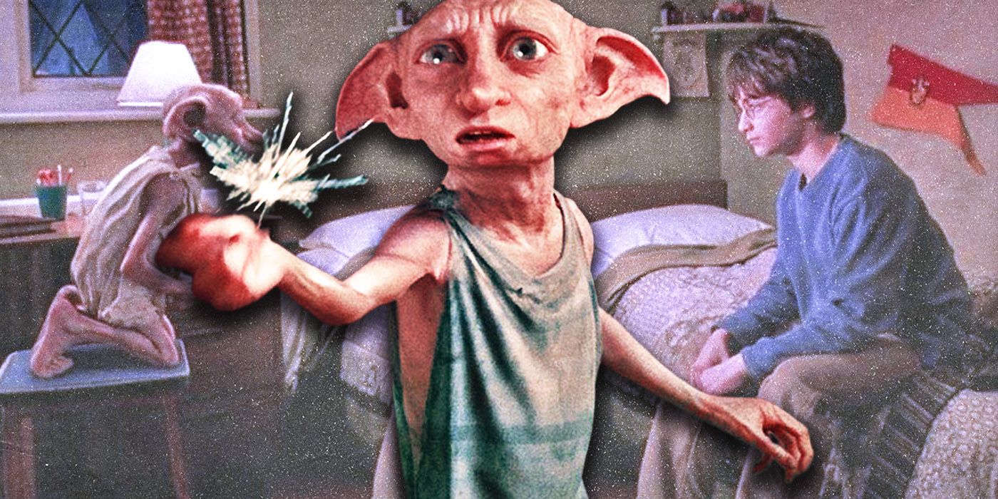 Custom image of Dobby snapping his fingers in front of a background image of Harry and Dobby in Chamber of Secrets