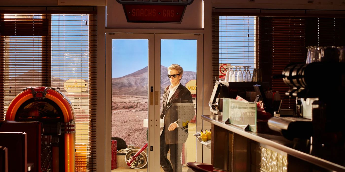 Peter Capaldi's Twelfth Doctor enters Clara's diner TARDIS, with a jukebox by the door, on Doctor Who.