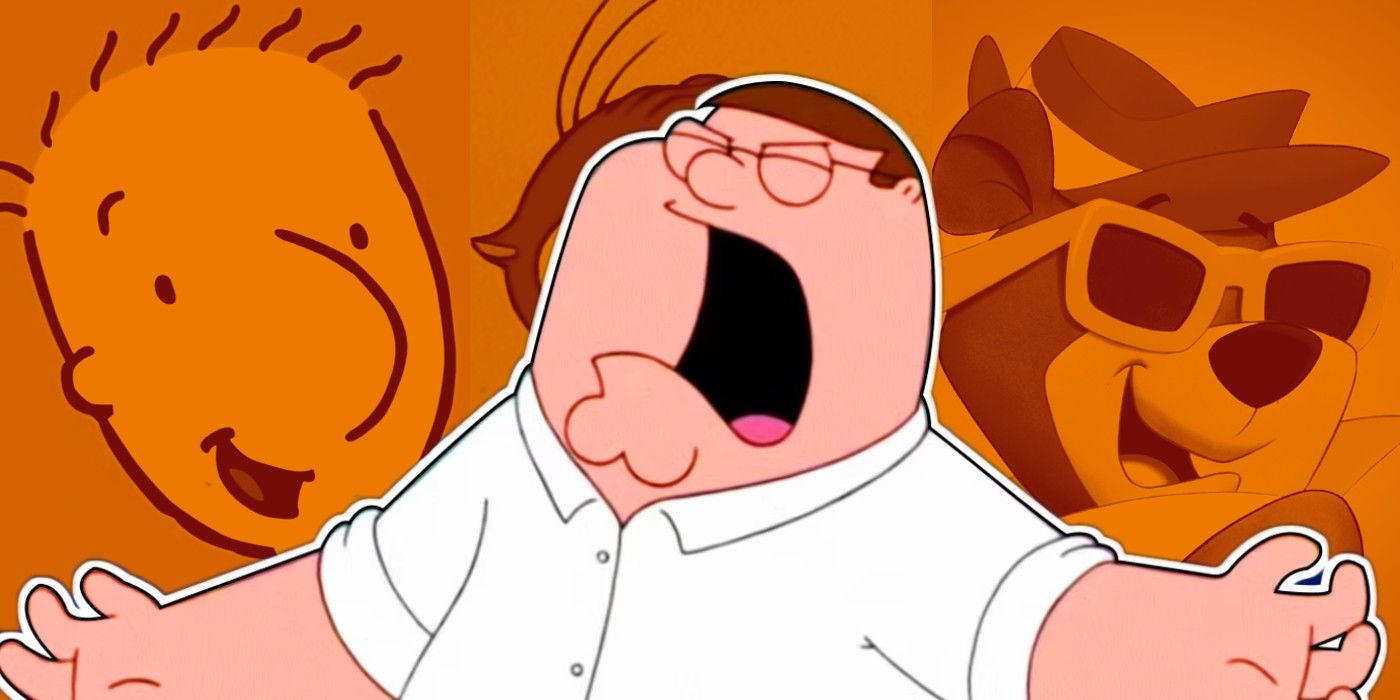 Family Guy's Peter Griffin yells in front of Doug Funnie, Stimpy, and Yogi Bear.