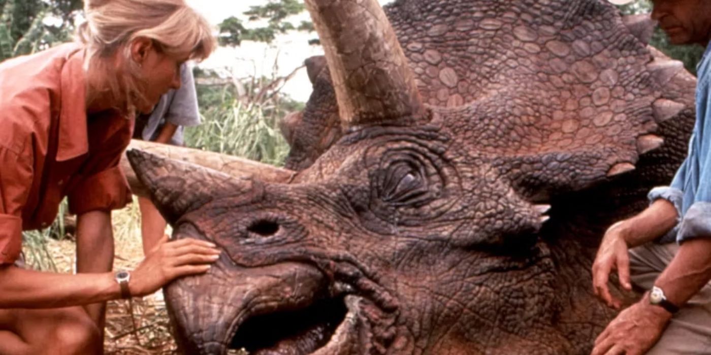 Dr. Ellie Sattler pets the Triceratops in Jurassic Park