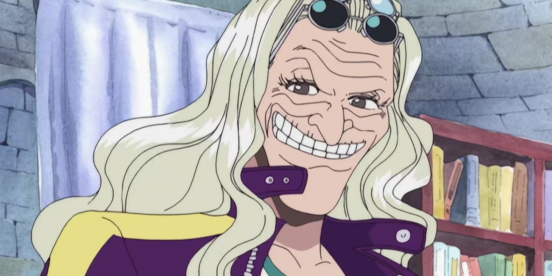 Dra. Kureha sorri em seu laboratório em One Piece.