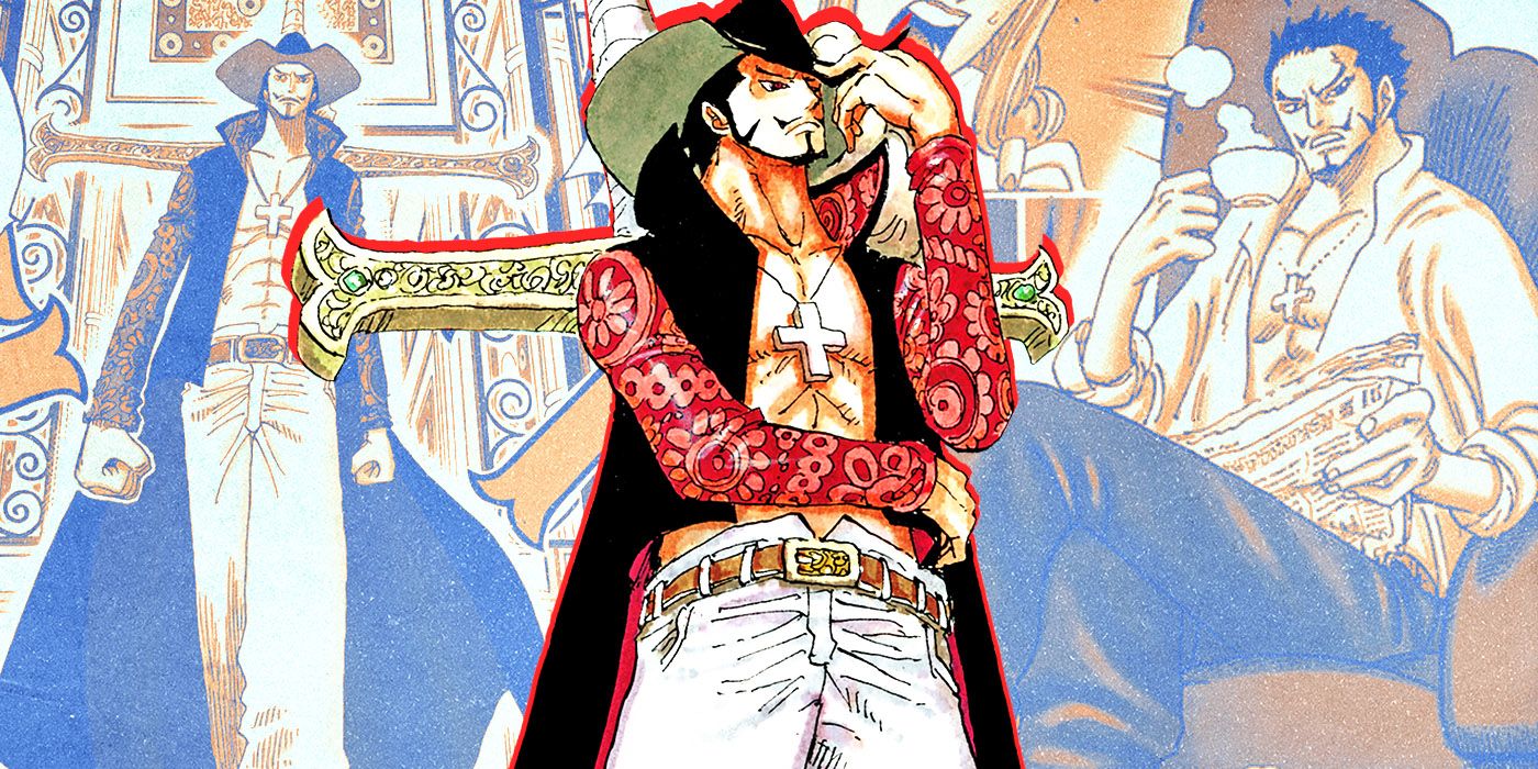 A collage of Dracule Mihawk from the One Piece anime and from the One Piece manga