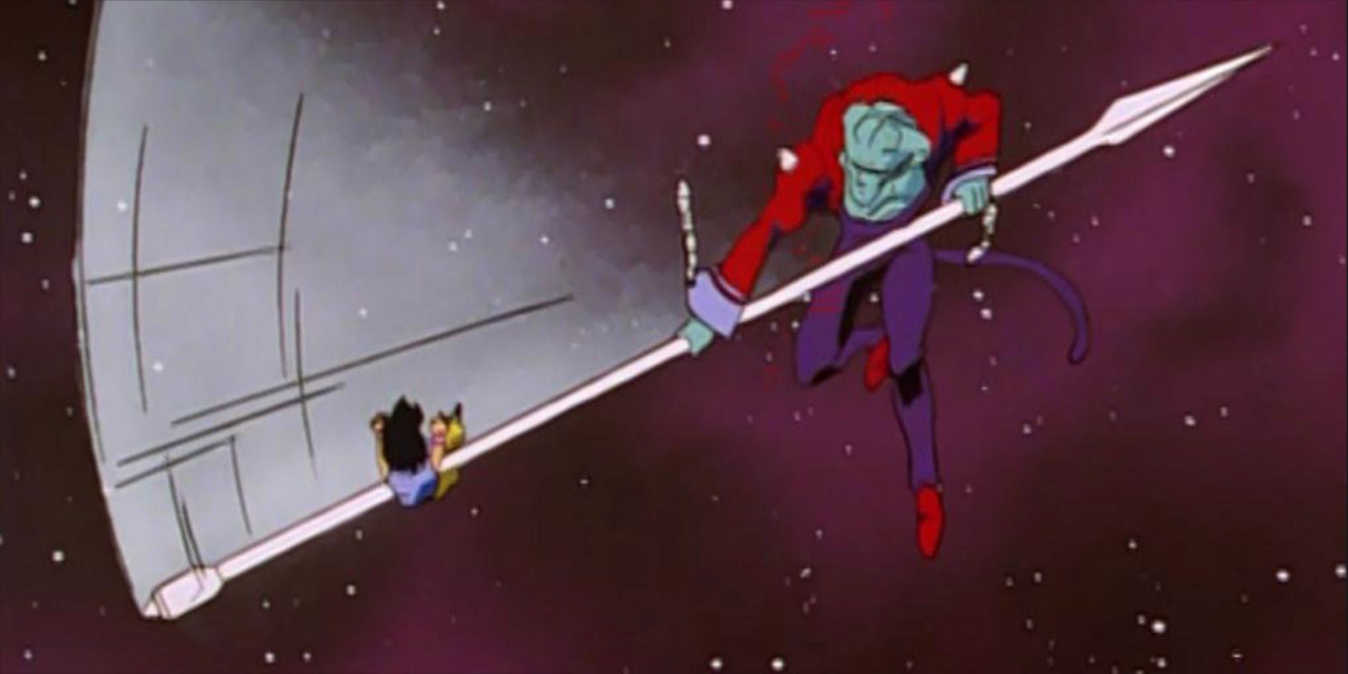 Ledgic swings a saber at Goku in combat in Dragon Ball GT.