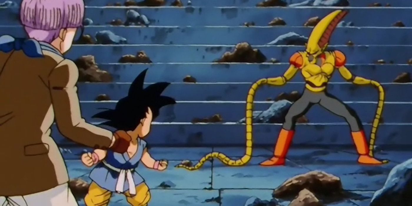 Mutchy attacks Goku and Trunks with his whip arms in Dragon Ball GT.