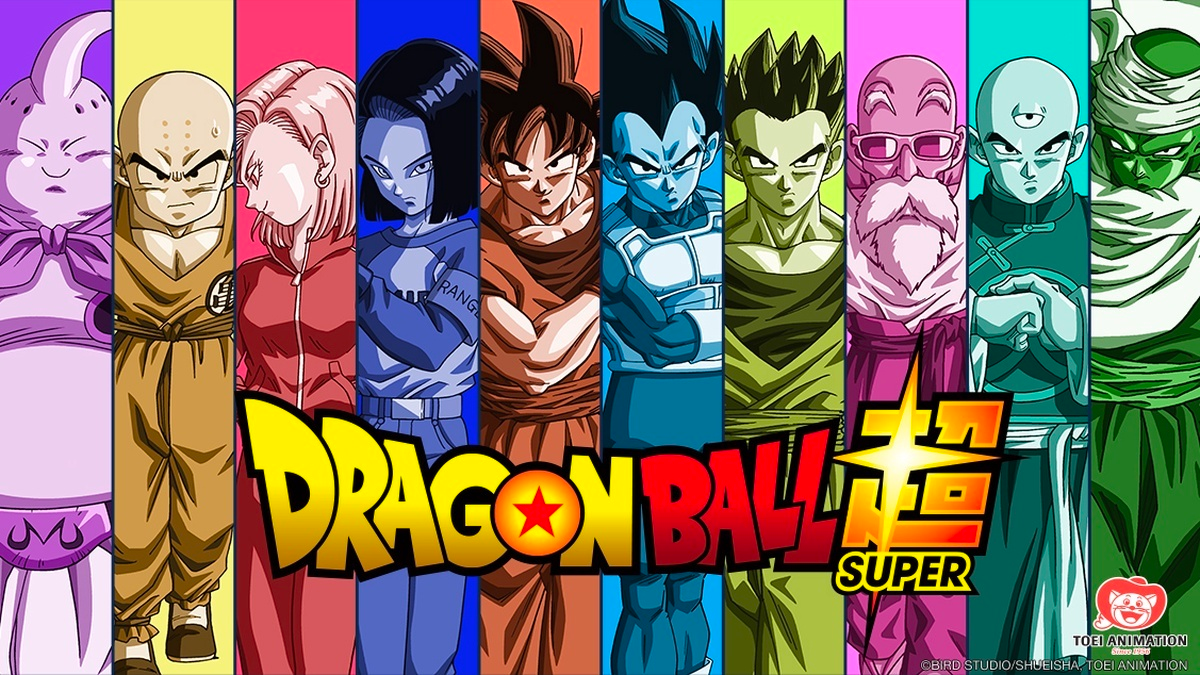 The main cast of Dragon Ball Super, now playing in English dub on Crunchyroll.