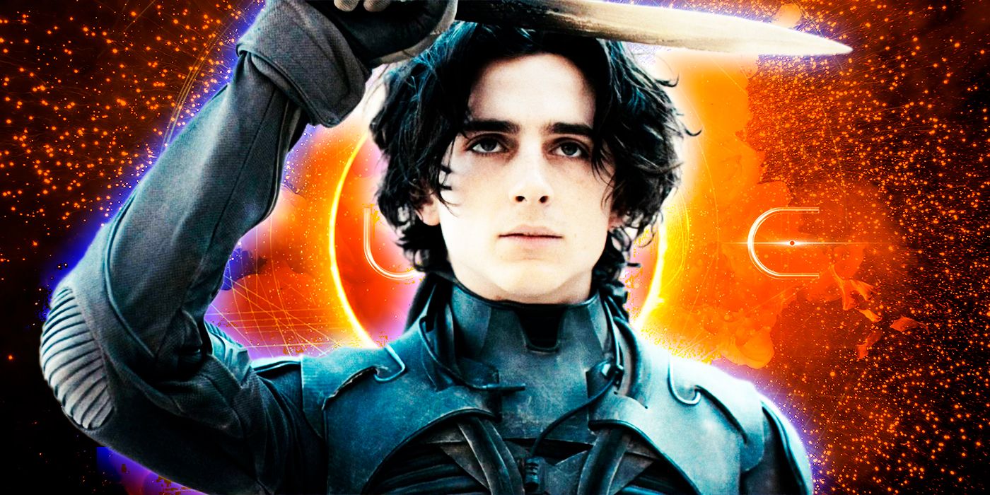 Paul Atreides holding a crysknife in front of the Dune movie logo.