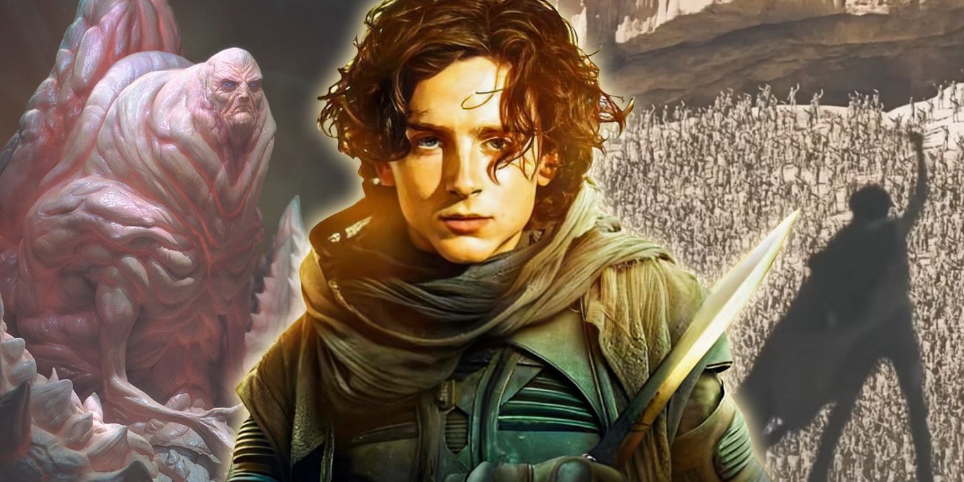 Paul Atreides holding a knife and leading the Fremen with his son Leto II as the God Emperor of Dune in the background