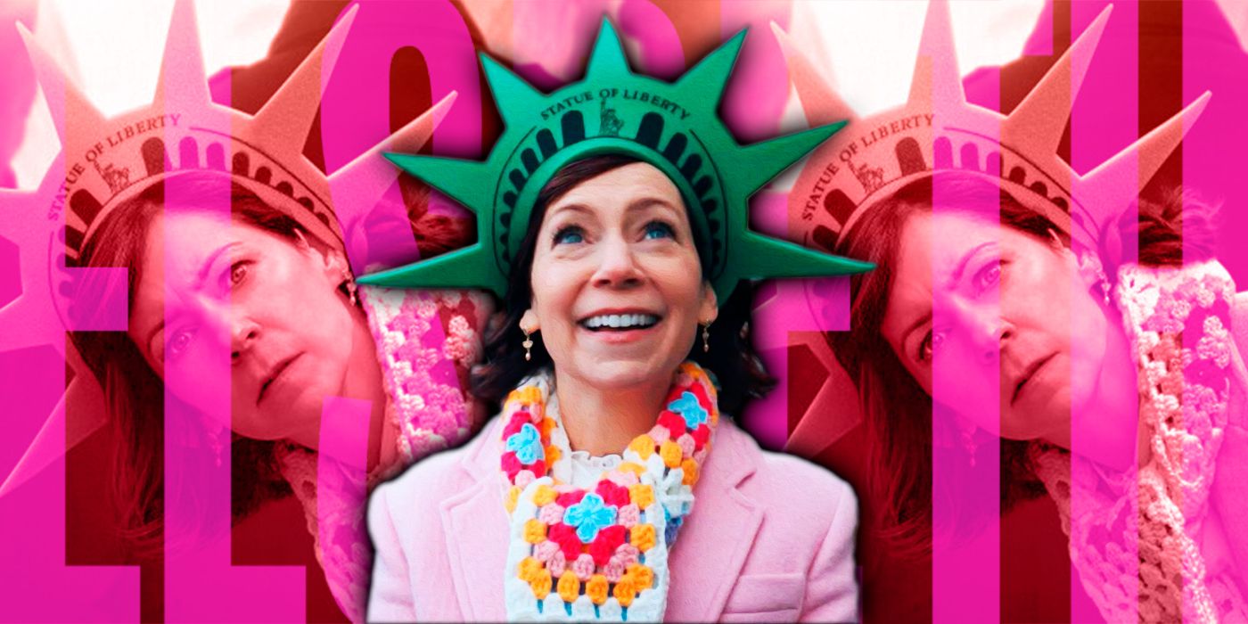 Elsbeth Tascioni (actor Carrie Preston) wears a Statue of Liberty hat and a pink suit in Elsbeth